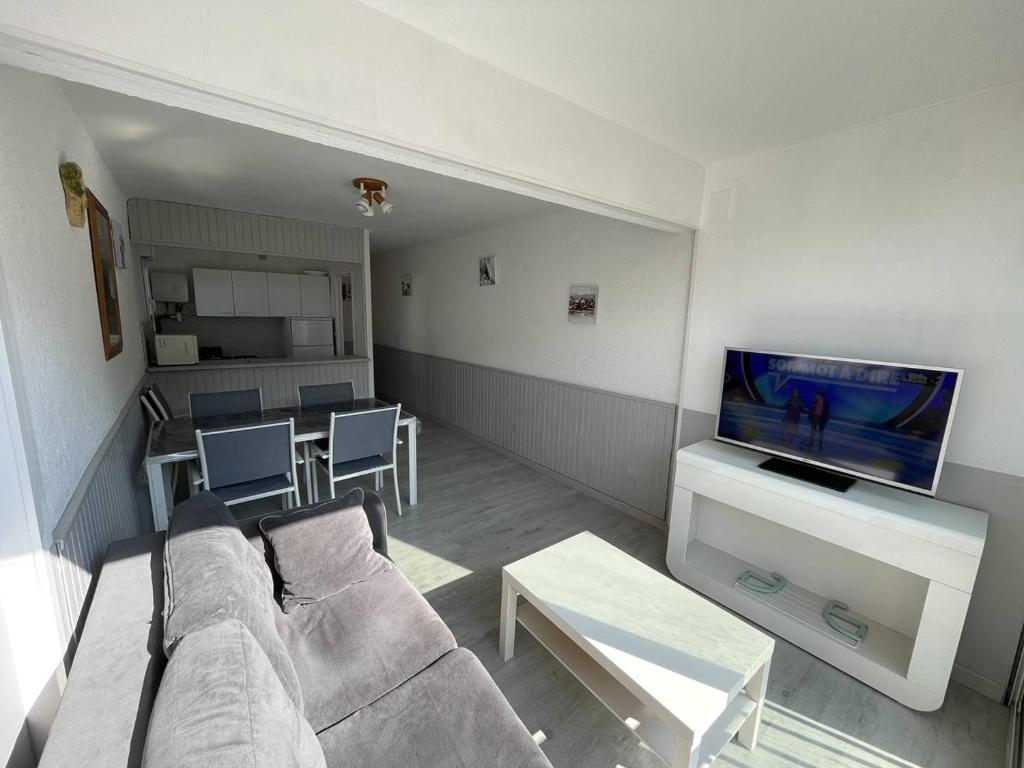 ein Wohnzimmer mit einem Sofa, einem TV und einem Tisch in der Unterkunft Appartement Saint-Cyprien, 2 pièces, 4 personnes - FR-1-106-30 in Saint-Cyprien