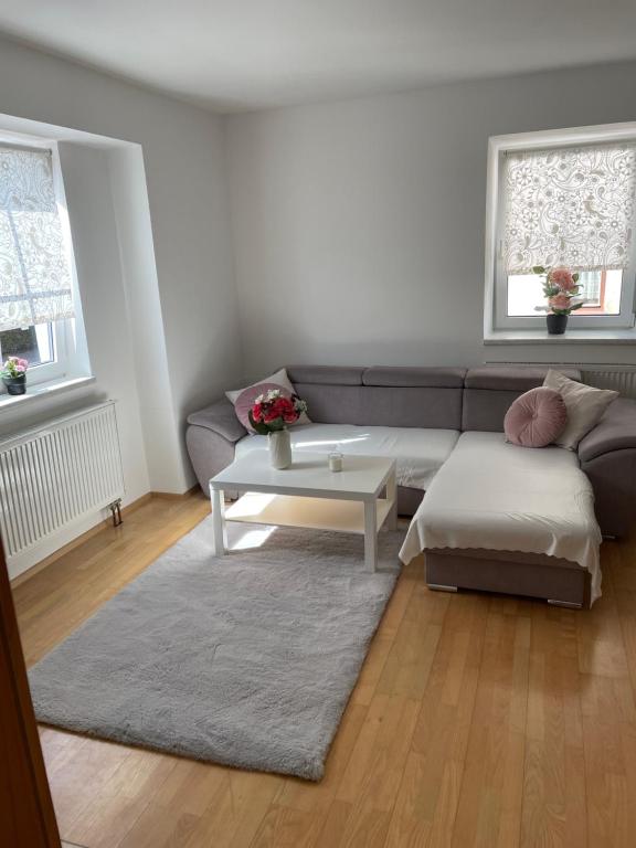 ein Wohnzimmer mit einem Sofa und einem Couchtisch in der Unterkunft LJD Real-Estate in Sankt Lorenzen im Mürztal