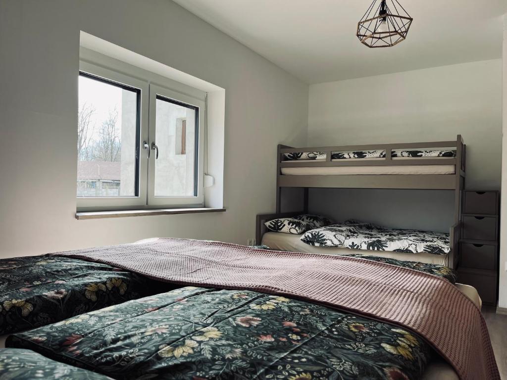 een slaapkamer met 2 stapelbedden en een raam bij Apartment Country House Zaton in Tišina