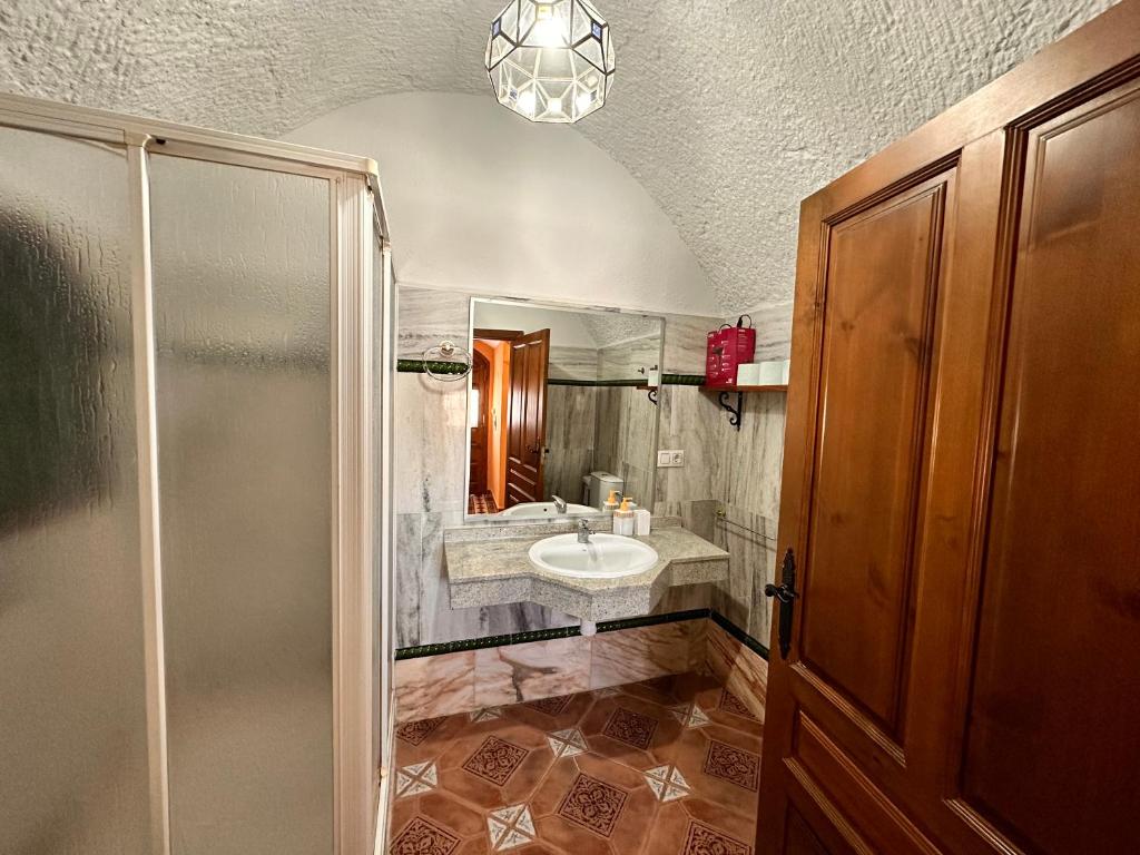 un baño con lavabo y ducha en Cuevas La Granja, en Benalúa de Guadix