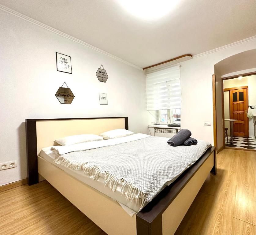 リヴィウにあるROMANTIC Apartments- in Historical Centerのベッドルーム(白いシーツを使用した大型ベッド1台付)