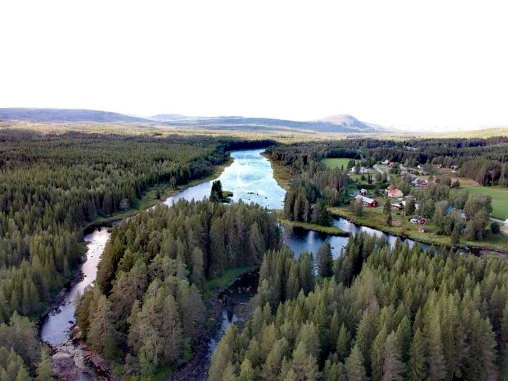an aerial view of a river in a forest at Överammers Cabins in Stugun