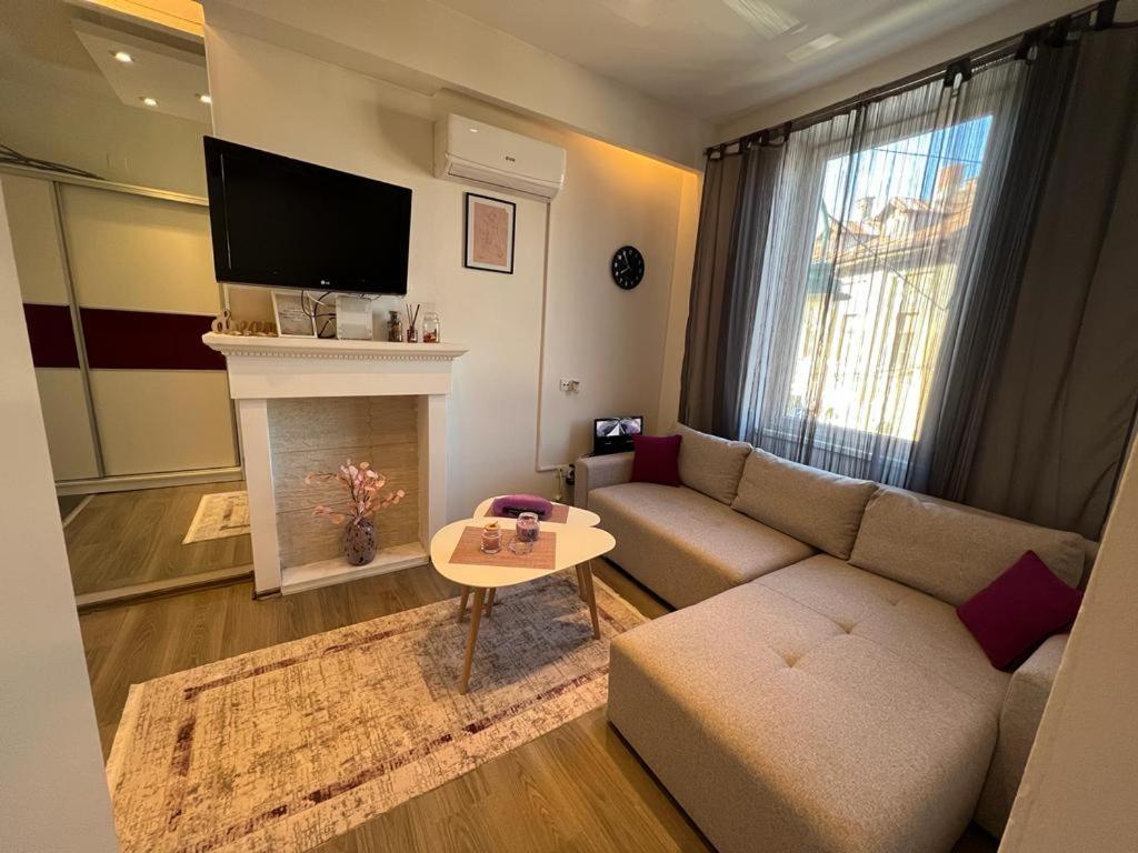 a living room with a couch and a fireplace at Apartman Happiness in Sarajevo