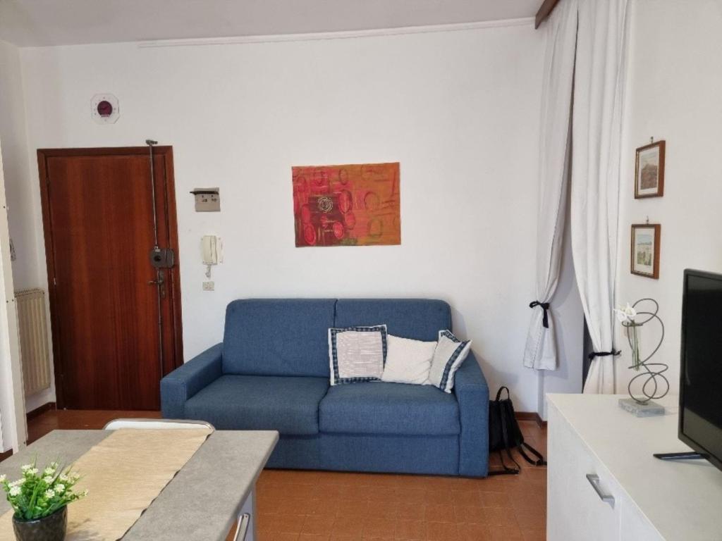 a blue couch in a living room with a tv at Appartamenti RO in Follonica