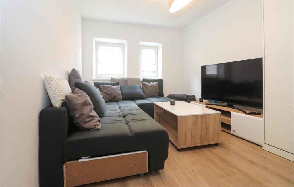 Cozy Home In Bad Ischl With Wifi في باد ايشل: غرفة معيشة مع أريكة وتلفزيون بشاشة مسطحة