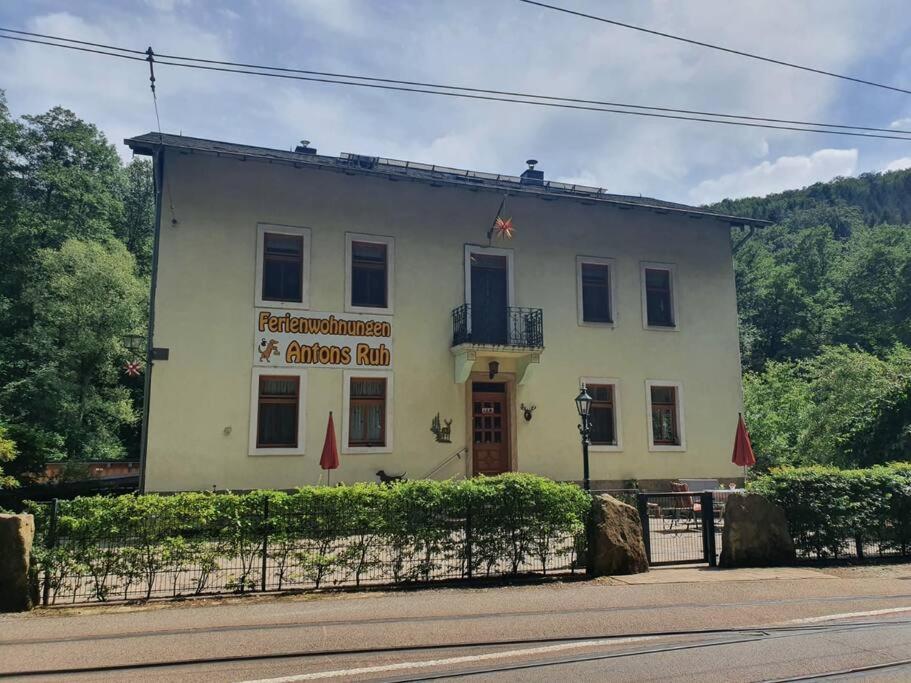 een groot wit gebouw aan de straatkant bij Ferienwohnungen Antonsruh im Kirnitzschtal in Sebnitz