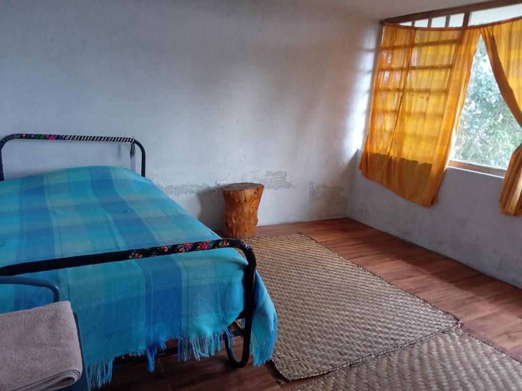 a bedroom with a bed and a window and a rug at ECOHUERTO in Ibarra