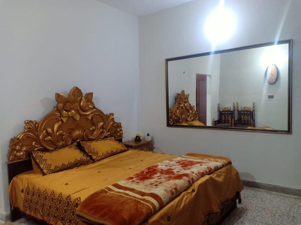 a bedroom with a bed with a large mirror at Room with Separate Entrance & Parking & Fast Wifi in Islamabad