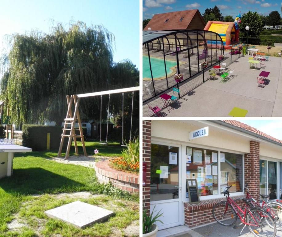 un collage de fotos de un parque con parque infantil en CAMPING DES OISEAUX- Baie de Somme en Rue