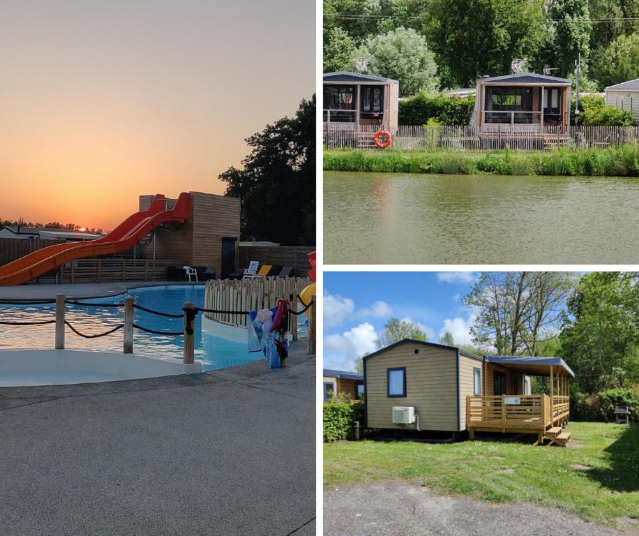 a collage of three pictures of a house and a playground at Camping La Garenne De Moncourt in Rue