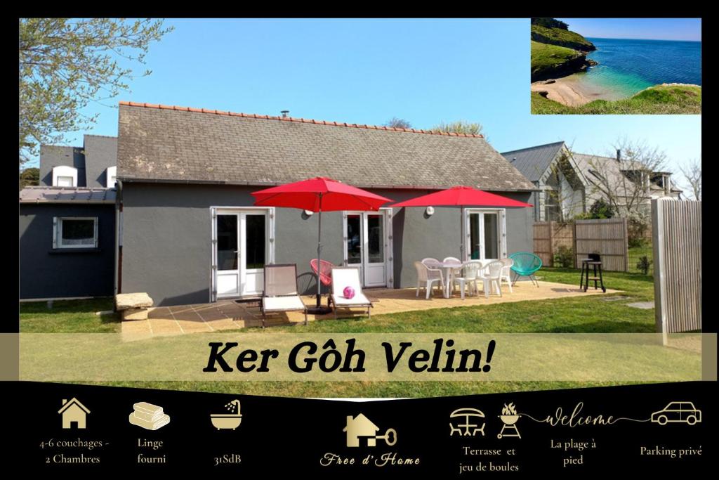 a picture of a house with an umbrella and chairs at KER GOH VELIN in Saint-Gildas-de-Rhuys