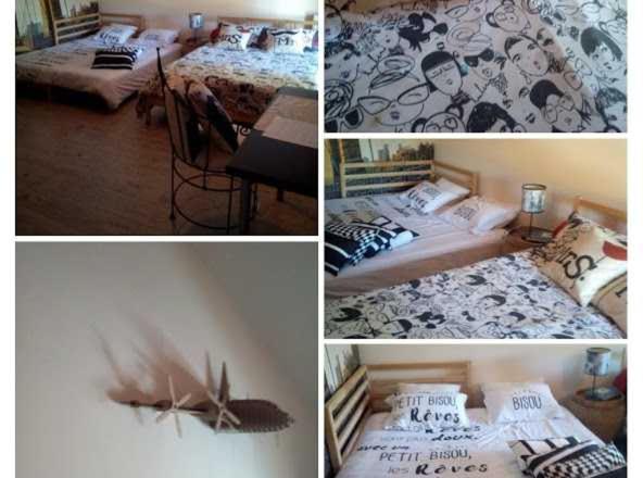 un grupo de cuatro fotos de un dormitorio con camas en Aéroport chambre ,au calme en Bouguenais
