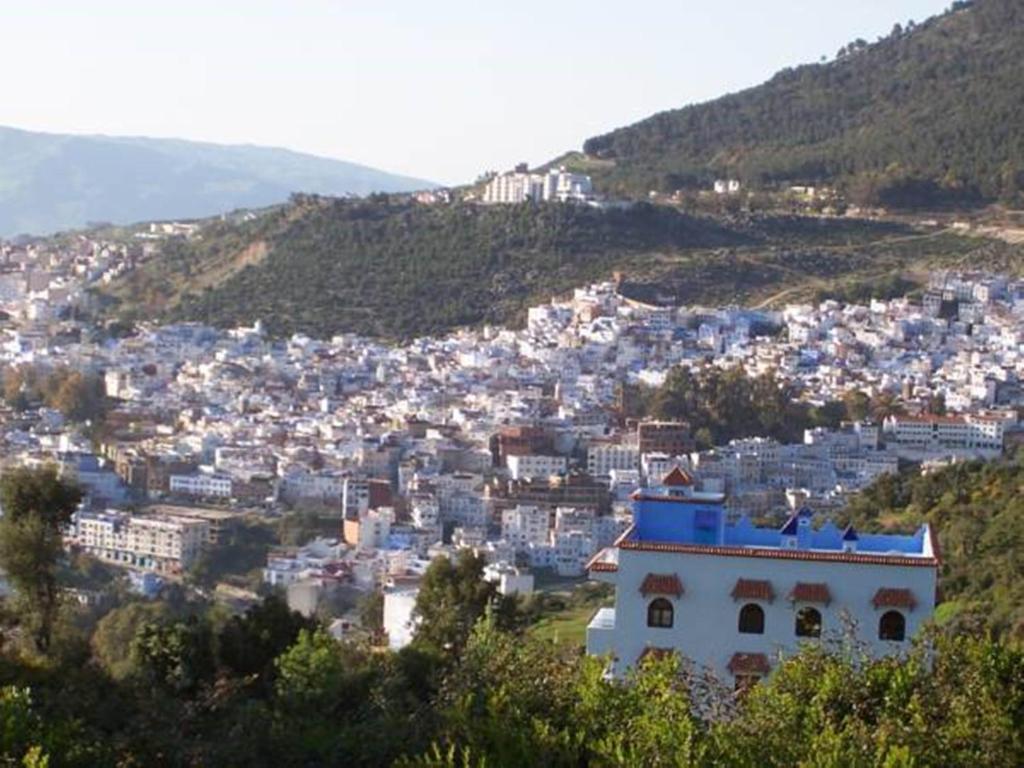 uitzicht op een stad met blauwe gebouwen op een heuvel bij Auberge Casa Linda in Chefchaouene