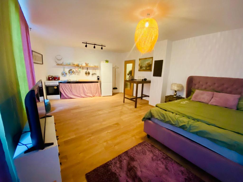 - une chambre avec un lit et une télévision dans l'établissement Cozy & Charming City Apartment, à Vienne