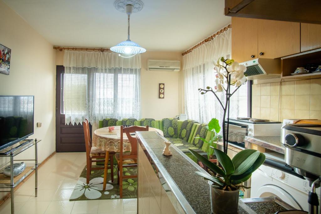 a kitchen and living room with a table and chairs at Евтини апартаменти и стаи до морето-Варна-Евксиноград-до DENTAPRIME in St. St. Constantine and Helena