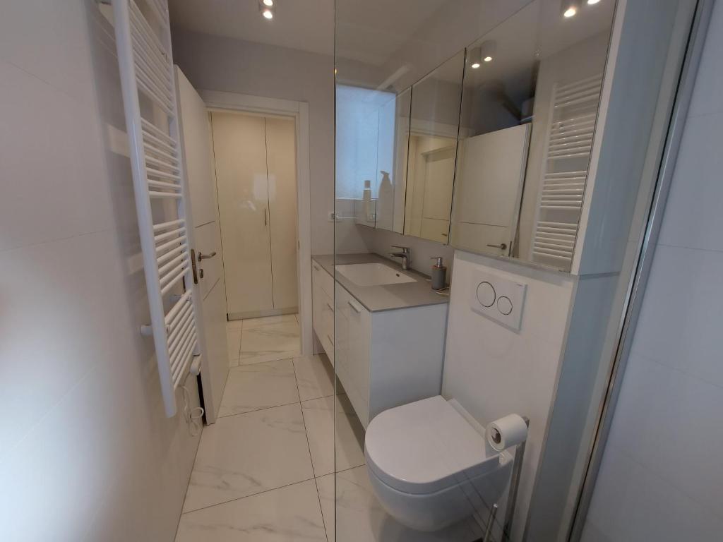 La salle de bains blanche est pourvue de toilettes et d'un lavabo. dans l'établissement Apartman Daria, à Split