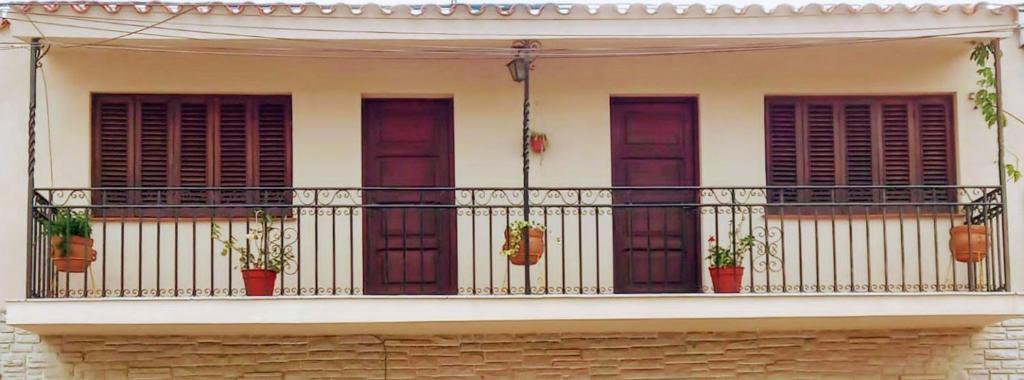 a balcony with purple doors and potted plants on it at Departamento 3 habitaciones in Salta