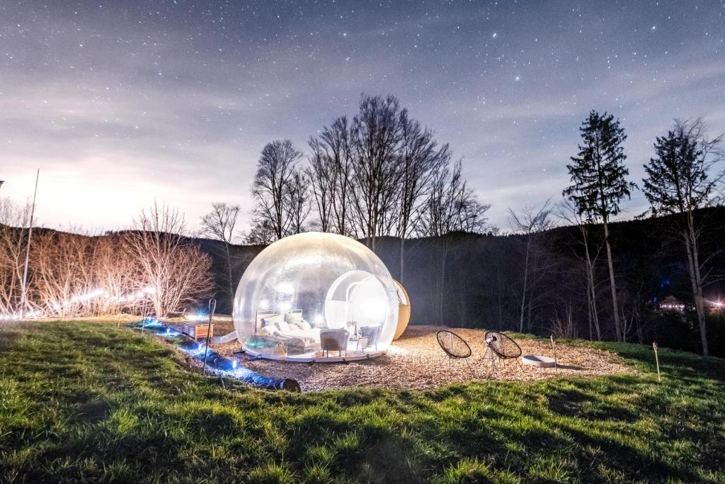 una cúpula de cristal en un campo por la noche en Bubble Tent Gutach- Schlafen unterm Sternenhimmel, en Gutach im Breisgau