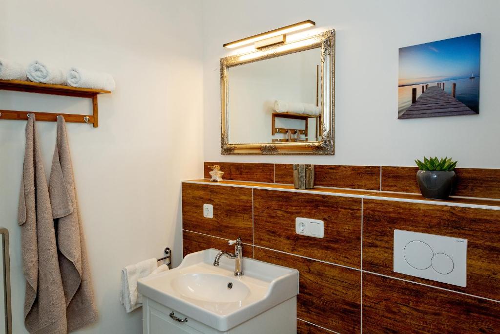 ein Bad mit einem Waschbecken und einem Spiegel in der Unterkunft NEU! Appartement Zur Heidschnucke in Toppenstedt