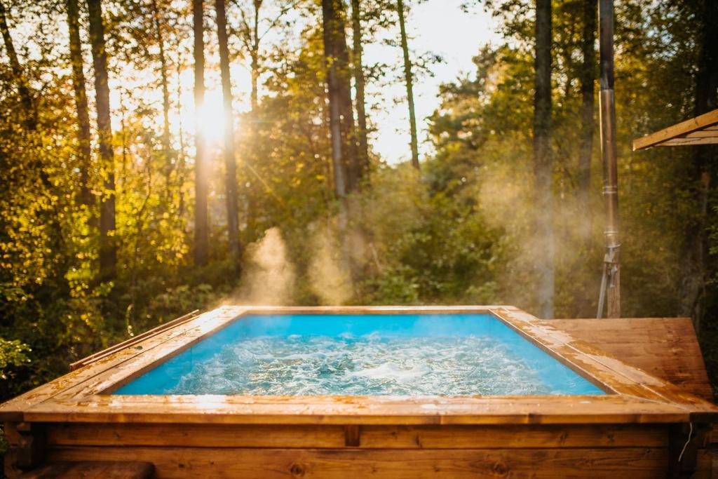 una bañera de hidromasaje en el bosque con el sol al fondo en Ostoja Rakówiec, 