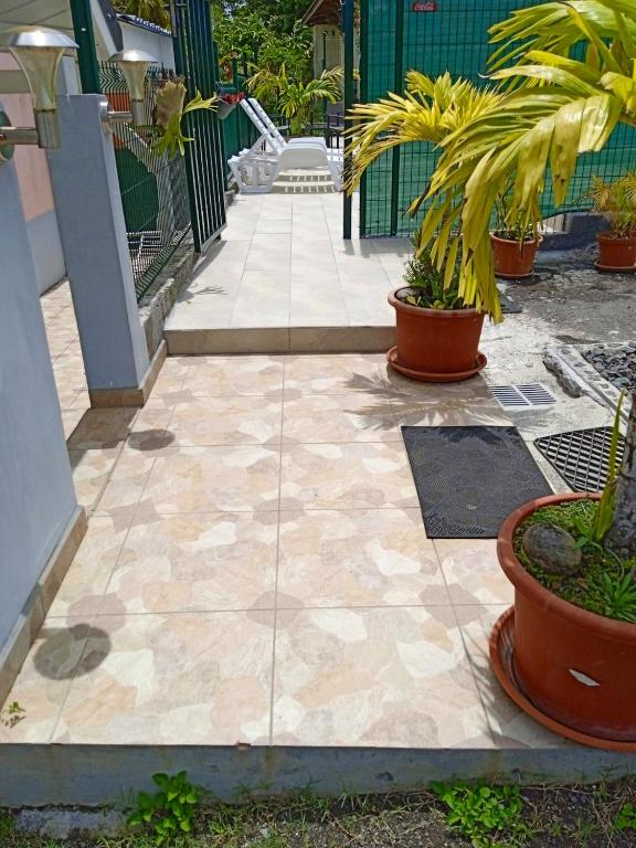 a patio with potted plants and a walkway at Maison d&#39;une chambre avec piscine partagee terrasse amenagee et wifi a Petit Bourg in Petit-Bourg