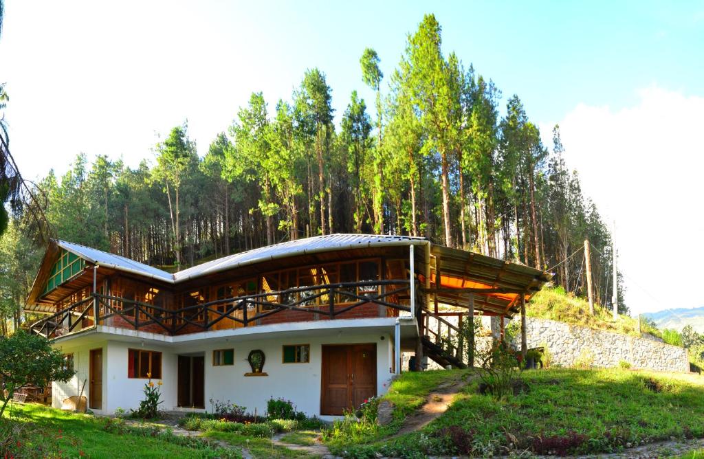 una casa en una colina con árboles en el fondo en Centro Ecoturístico Alpinar, en Baños