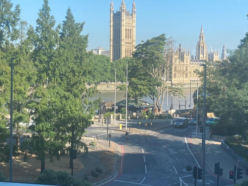 a view of a city street with a cathedral at Luxury Designer Apartment River view of Parliament Westminster Big Ben. in London
