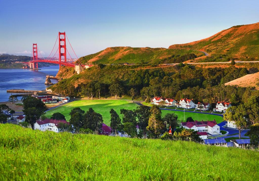 a view of the golden gate bridge from a hill at Cavallo Point in Sausalito