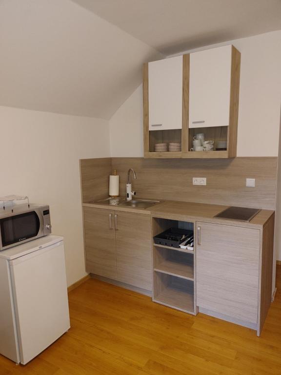 una pequeña cocina con fregadero y microondas en Apartma Katja en Mojstrana
