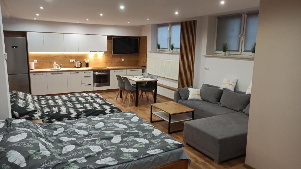 a bedroom with a bed and a couch and a kitchen at Underground Apartament in Łomża