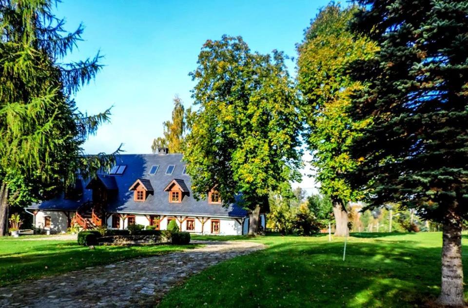 ein Haus mit blauem Dach auf einem grünen Hof in der Unterkunft Willa pod Lipami Jagniątków in Jelenia Góra-Jagniątków