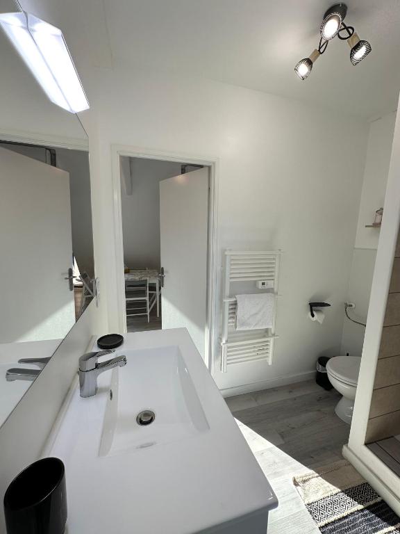 a white bathroom with a sink and a toilet at L&#39;ENSOLEILLÉ - Classé 2 étoiles - Nay centre - Appartement in Nay