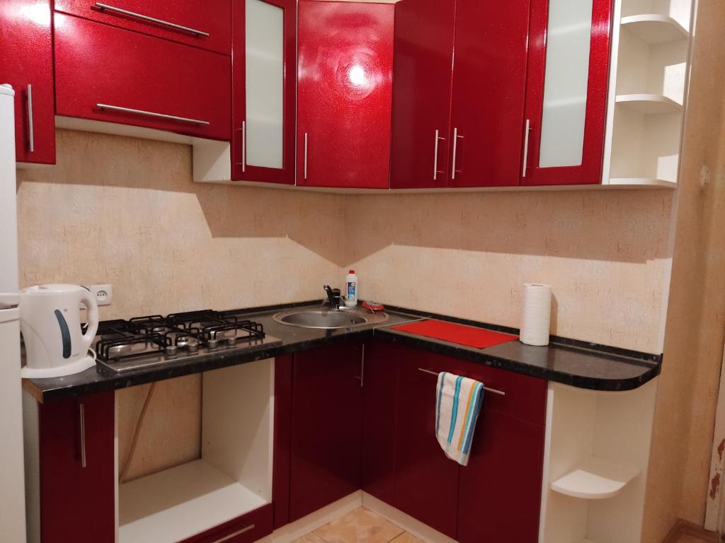 a small kitchen with red cabinets and a sink at Комфортная квартира!!! in Tiraspol