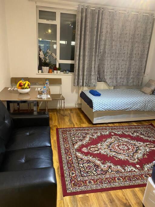 a living room with a bed and a rug at Ground Floor One Bedroom Bayswater Central London in London