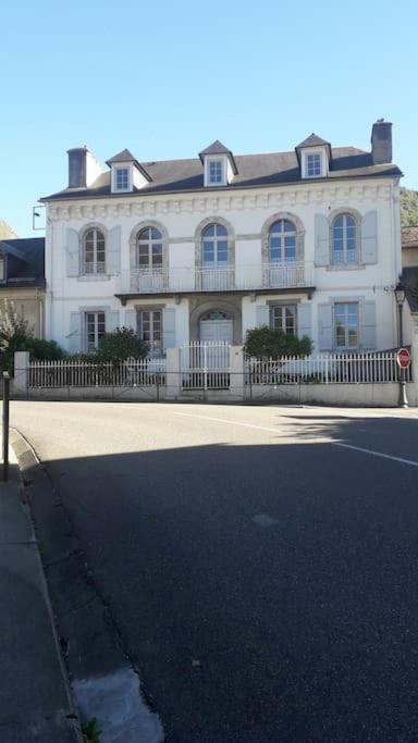 une grande maison blanche avec une clôture en face d'une rue dans l'établissement Magnifique maison de maître du 18e avec jardin, à Luz-Saint-Sauveur