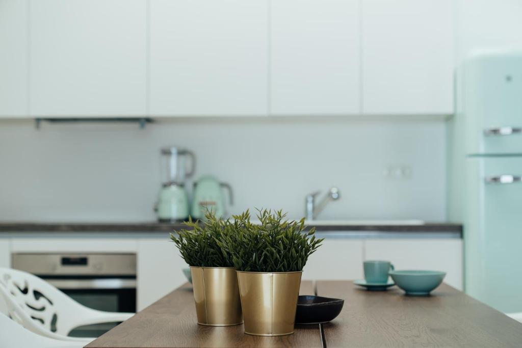a kitchen with two gold potted plants on a table at Blue Sea Villa in Serifos Chora