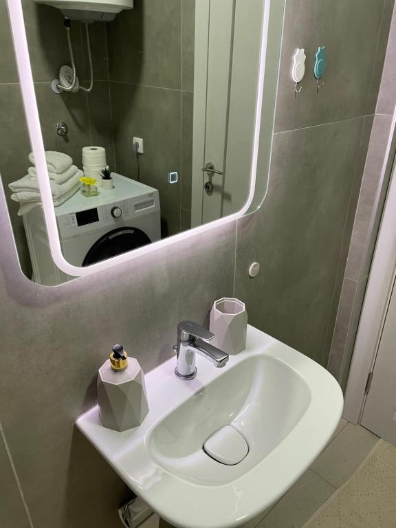 uma casa de banho com um lavatório e um espelho em Muki apartments em Surčin