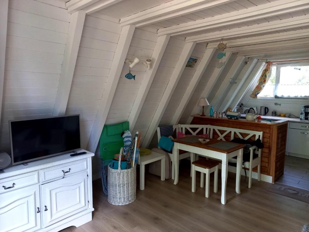 Televízia a/alebo spoločenská miestnosť v ubytovaní Domek letniskowy Pirat