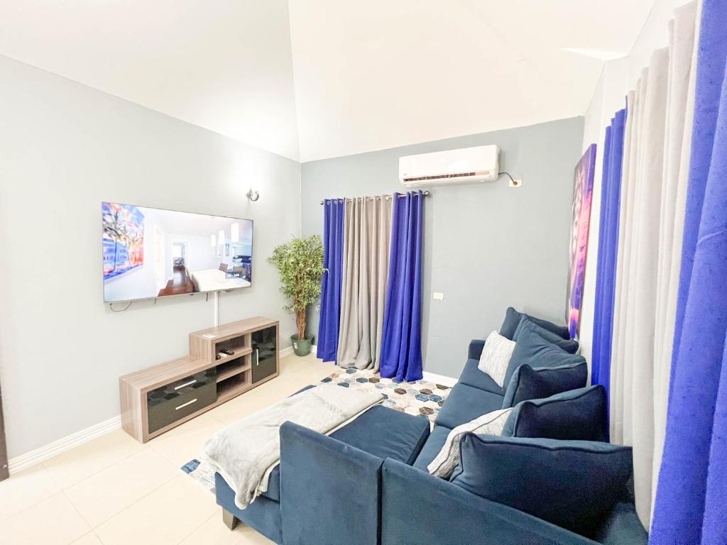 uma sala de estar com sofás azuis e uma televisão em Pineridge Hideaway 1 Bedroom Apartment #2 em Arouca
