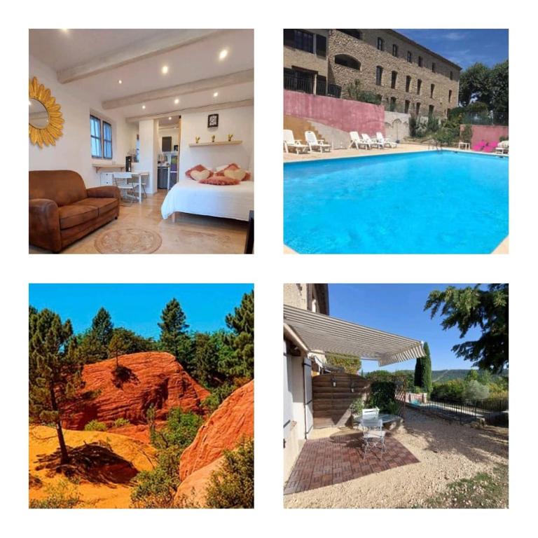 un collage de photos d'une maison et d'une piscine dans l'établissement Logement d'exception près du Colorado provencal dans une résidence au calme avec piscine offrant une vue imprenable sur le Luberon depuis sa terrasse, à Viens