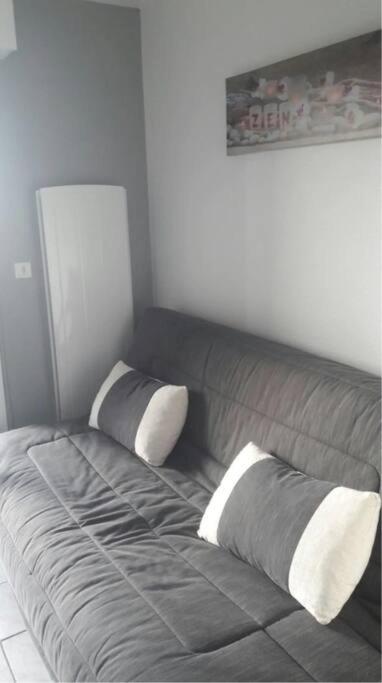 a couch in a room with two pillows on it at 2 pièces ensoleillé accès direct plage in Cabourg
