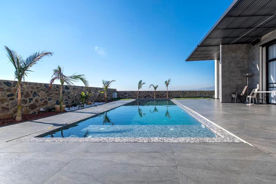 uma piscina em frente a uma casa com palmeiras em אירוח בגולן em Katzrin