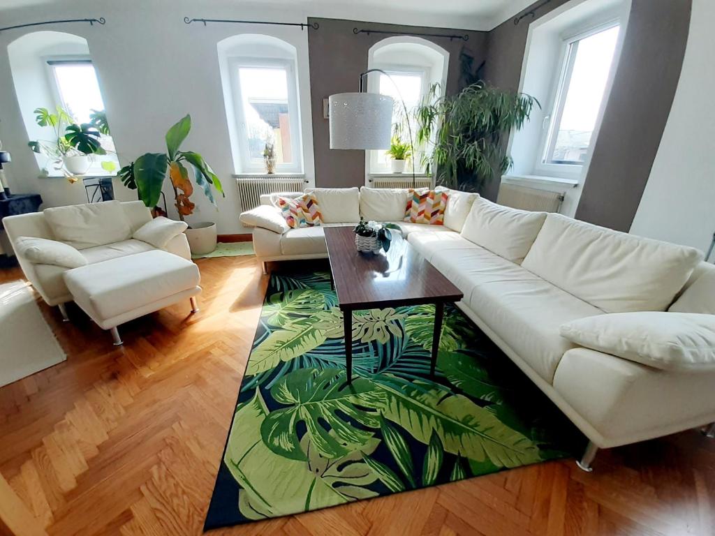 a living room with a couch and a table at Schöne Altbauwohnung auf dem Land in Kallham