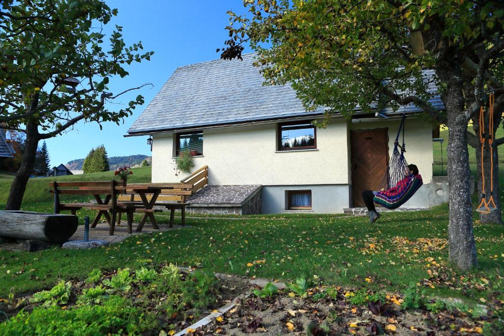 a person in a hammock in front of a house at Cottage Zoja in Bohinjska Bistrica