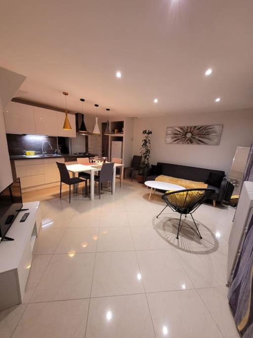 un salon avec une cuisine et une salle à manger dans l'établissement Maison de ville - Quai Sully, à Millau