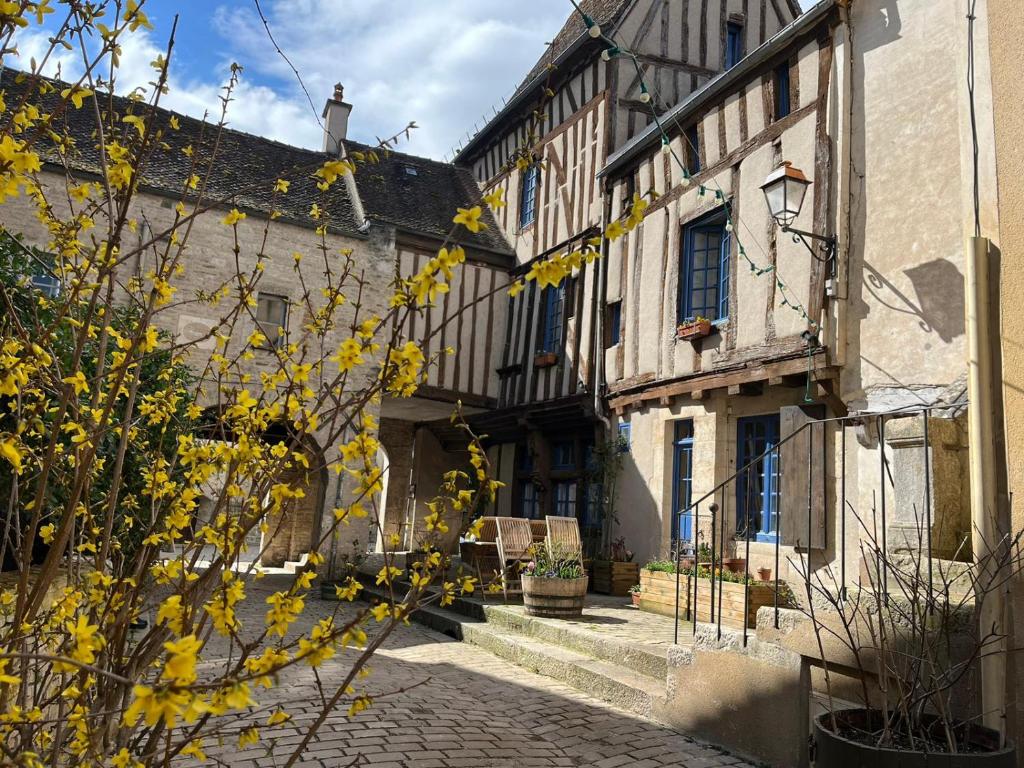 einen Innenhof eines alten Gebäudes mit gelben Blumen in der Unterkunft La Maison des Corporations in Noyers-sur-Serein