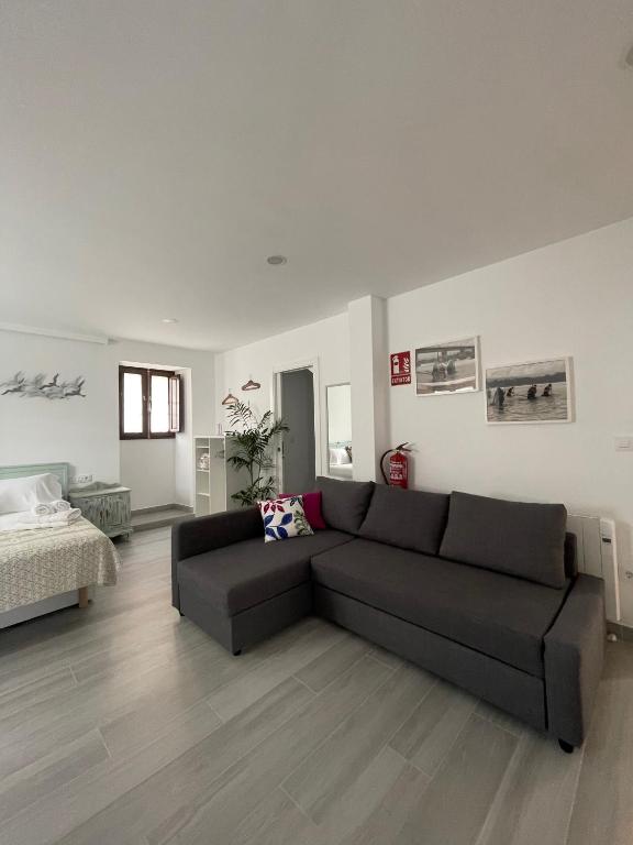 a living room with a couch and a bed at Marujita Vilanova, alojamiento singular in Villanueva de Arosa