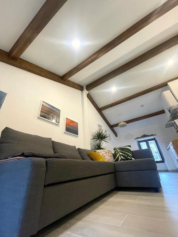 a living room with a couch in a room with wooden ceilings at Marujita Vilanova, alojamiento singular in Villanueva de Arosa