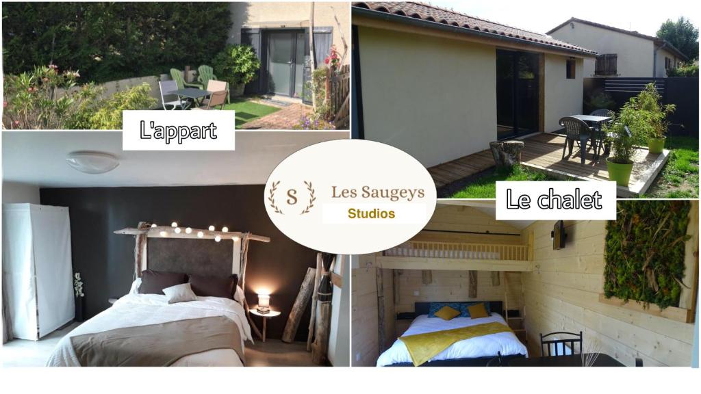 a collage of three pictures of a house with a bedroom at Les Saugeys in Mâcon