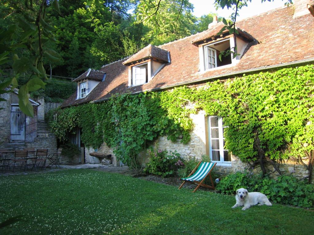 een witte hond die voor een huis zit bij Le Cottage, Maison paysanne au cœur du Vexin in Écos